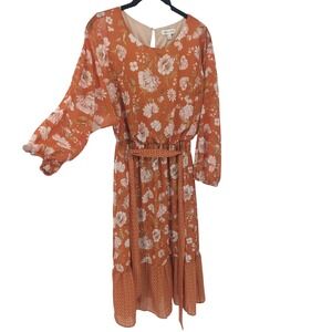 Mila Mae Midi Dress Womens Small Orange Floral Long Sleeve Belted Flowy Boho